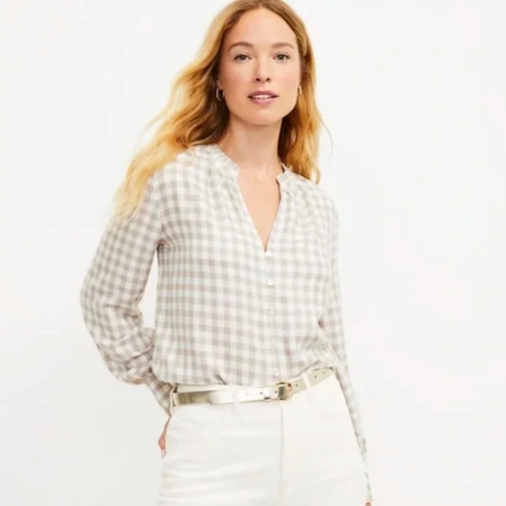 LOFT Tan and White Plaid Shimmer Blouse - Size Med - Excellent Condition
